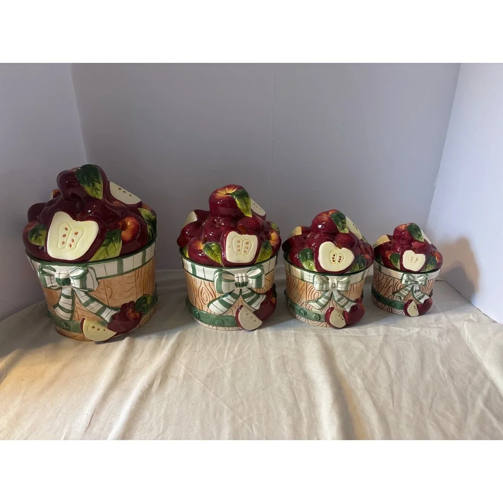 Apple Basket Canister Set 4 Piece Red Ceramic Farmhouse Kitchen‎ Decor Excellent